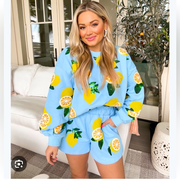 QUEEN OF SPARKLES Sweaters - Queen of Sparkles Sequin Blue Lemon Sweatshirt